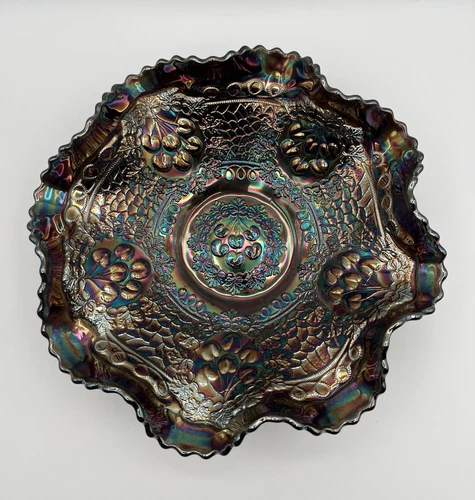 Fenton Amethyst Carnival Glass Cherry Chain Ruffled Edge Bowl 10” Vintage