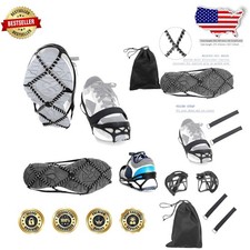 Durable Ice Cleats M/L Black, Secure Straps, Storage Bag, Multi-Directional Grip