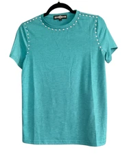 Rowdy Crowd Turquoise Starry Stud T-Shirt Small Studs  Neck Shoulders Western