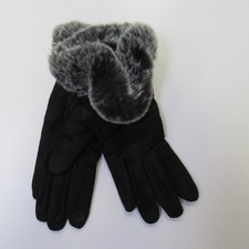 Women's Black Faux Fur Trim Dressy Winter Gloves Smart Touch Finger