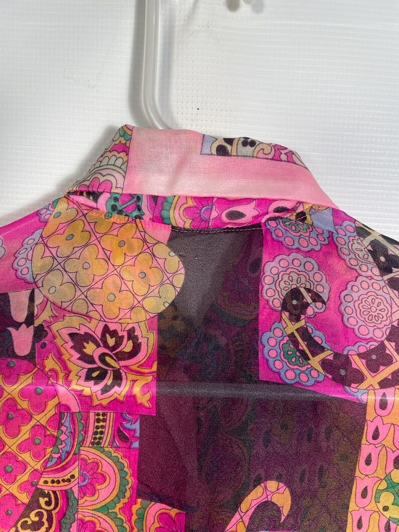 Vintage 70's Sheer Patchwork Print Dagger Collar … - image 9