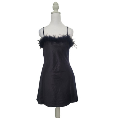 Thirty Thirty Feather Trim Low Back Satin Slip Dress Sz S Black Goth Witchy Sexy