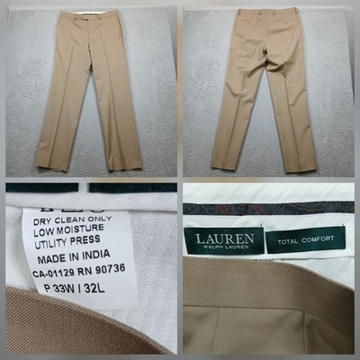 Lauren Ralph Lauren Total Comfort Dress Pants Men's 33x32 Tan Khaki Flat Front