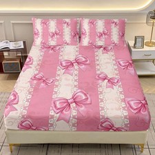 Ailonen Pink Bow Print Fitted Set Twin Xl Size Striped Bowknot Bedding Set For