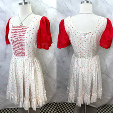 Vintage 70s 60s Square Dance Dress sz M Red White Polkadot ruffle Circle skirt