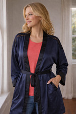 NWT Linea Donatella Women's Large Corinne Satin Navy Wrap Robe Bisque