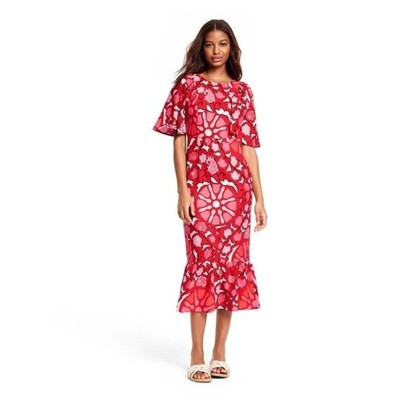 RHODE x Target - SIZE 8 - Zinnia Floral Print Bell Sleeve Midi Dress - Red/Pink