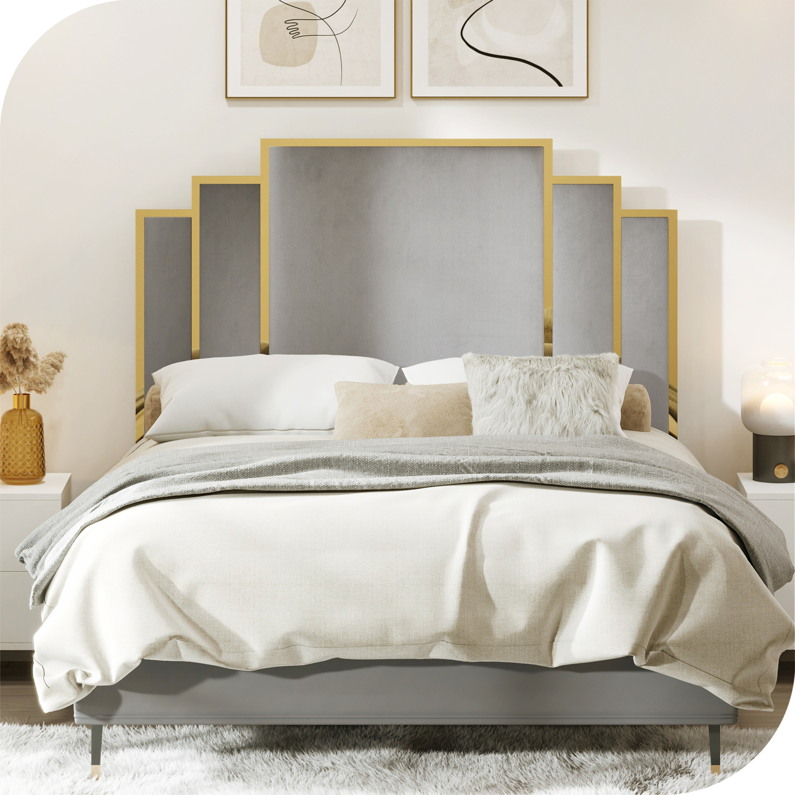 Modern Metal Framed Crown Queen Headboard Premium Linen Fabric Padded