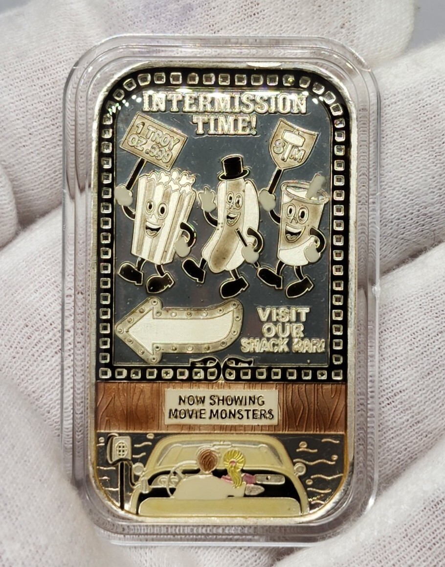 Drive in Theatre Movie Monsters Squire's Mint B&W Enameled Silver Art
