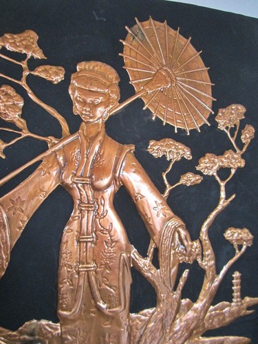 Stunning Oriental Pair of Copper Tooled Vintage Pictures - Picture 3 of 4