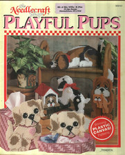 NEW PLAYFUL PUPS BOOKEND TISSUE COVER 7 DOG DESIGNS PLASTIC CANVAS PATTERN BOOK