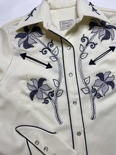 Vintage 70s H Bar C Western Pearl Snap Shirt Sz 30 Chain Stitch Embroidered