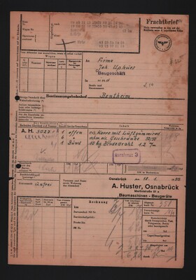 Frachtbrief 1950, A. Huster Baumaschinen Baugeräte OSNABRÜCK nach BENTHEIM