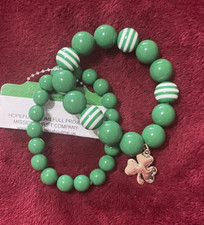 ST. PATRICK'S DAY 2 GREEN WHITE BEADED CHARM BANGLE CLOVER BRACELETS