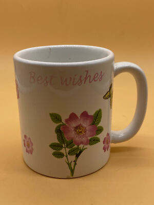 Weiße Keramik ''Beste Wünsche'' Schmetterling und rosa Blumen Kaffeebecher 