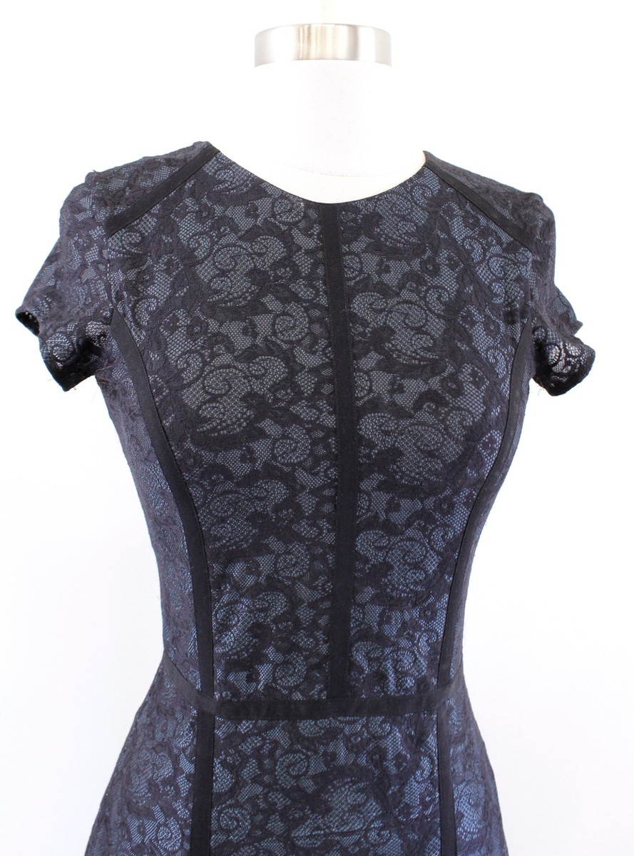 parker blue lace dress Parker Blue Black Lace Stripe Shaped Mini Dress Fitted Bodycon Size XS Party
