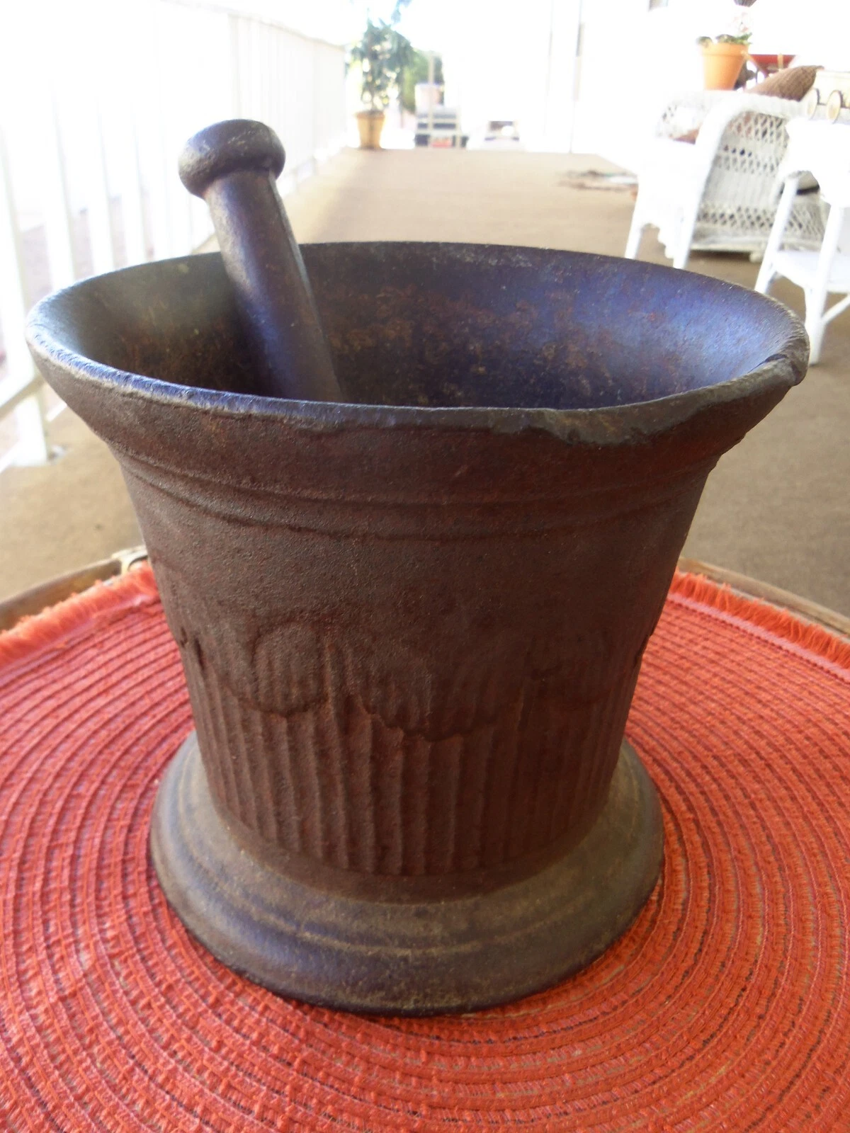 Antique Apothecary medical cast iron mortar & pestle 14 1/2 lbs Art Nouveau Deco