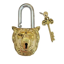 Antique Padlock Brass Hand Crafted Working Decorative Lion Face Shape Padlock