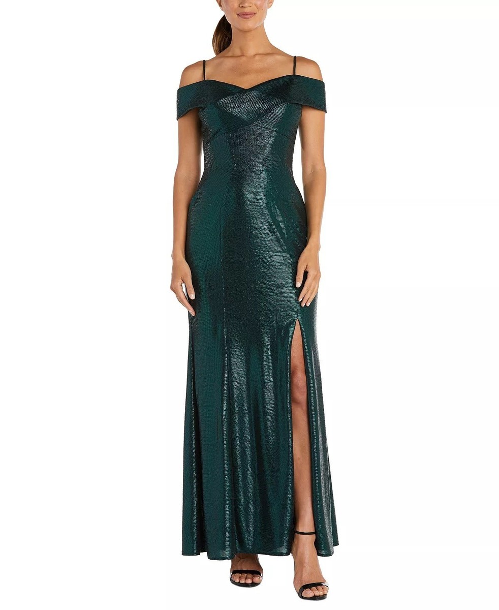 NIGHTWAY Petite Off-The-Shoulder Metallic Gown Emerald Size 8P $129