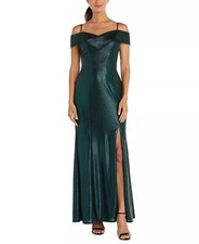 NIGHTWAY Petite Off-The-Shoulder Metallic Gown Emerald Size 8P 129