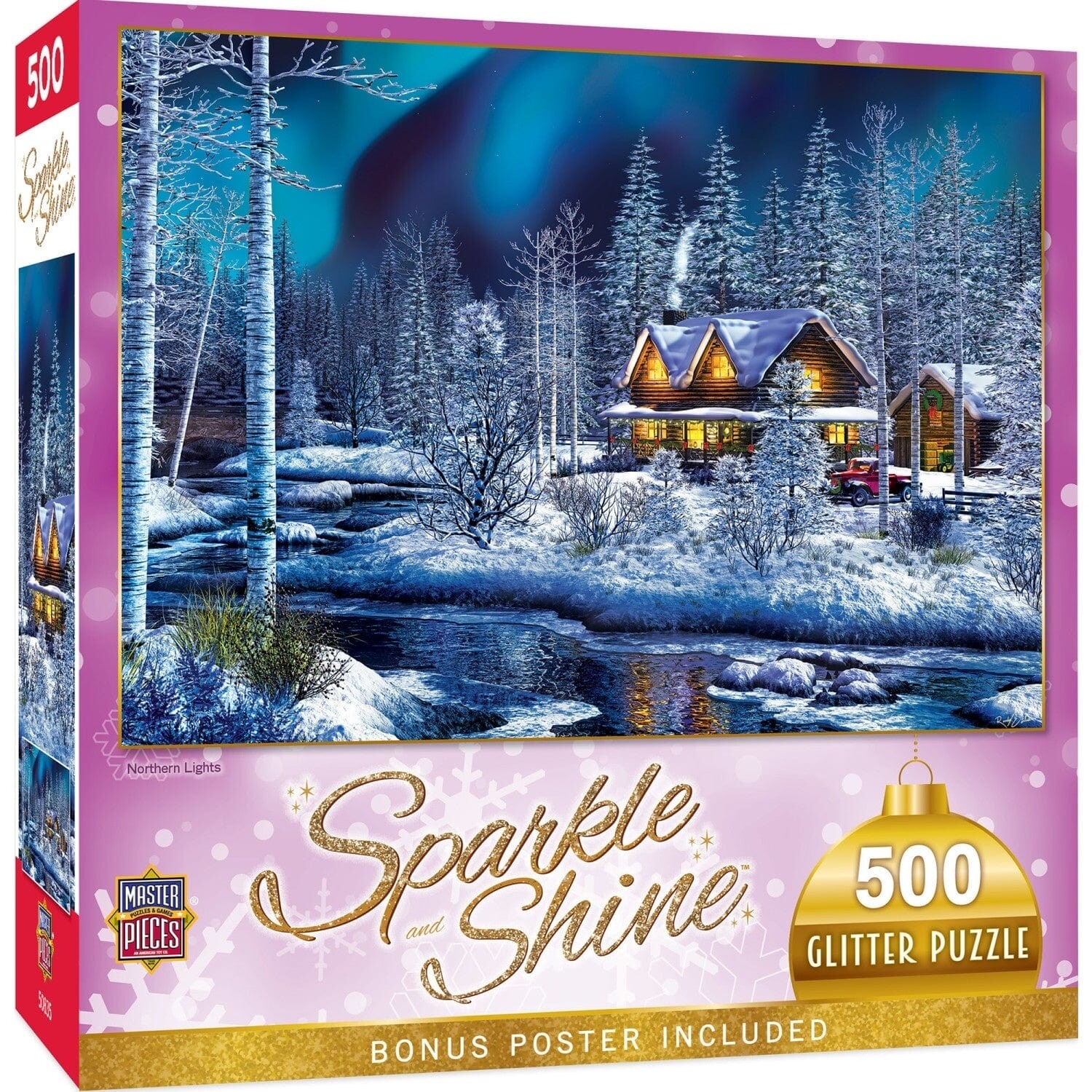Masterpieces 500 Piece Glitter Puzzle Northern Lights Holiday 15X21 Recycled