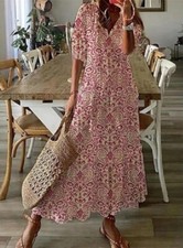 Summer Womens Holiday Maxi Dress Ladies V Neck Beach BoHo Floral Dress Plus Size