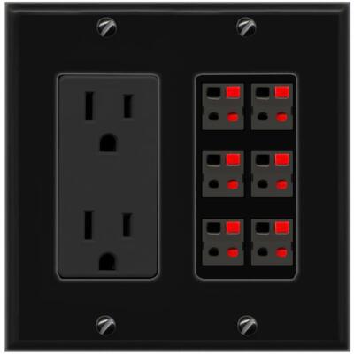 RiteAV 6 Port Speaker Wire Plug Jack Wall Plate - Outlet [Black/Black]
