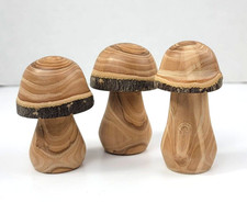 3 Pc Hand Turned Small Apple Wood Mushrooms Bark Edge Set Whimsical Fairy Garden
