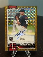 ANDREW MORRIS 2026 Topps Chrome Rookie Gold Refractor ON CARD AUTO /50 Twins RC. rookie card picture