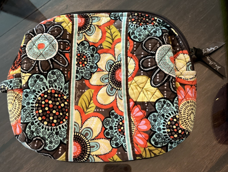 Vera Bradley Perfect Petals Cosmetic Bag Lined Brown Blue Zip Closure Medium
