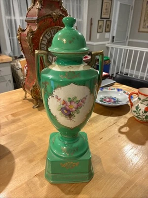 JAPAN JAPANESE NIPPON GILT GOLD & GREEN FLORAL COVERED URN VASE 16" - Image 1 of 4