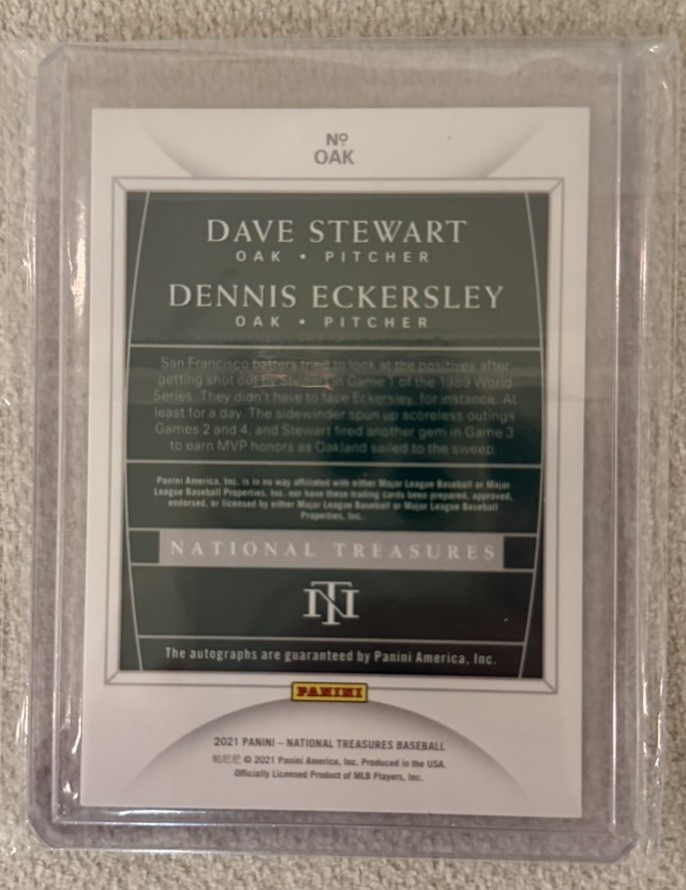 2021 Dave Stewart/ Dennis Eckersley National Treasures Dual Signatures Auto 3/15 view 2