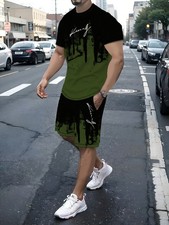 Men's new round neck casual T-shirt, short-sleeved shorts set, bold "King"