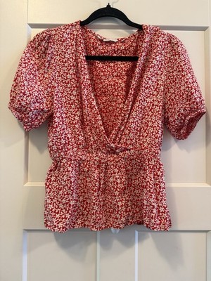 Boden Peplum Floral Blouse Women s Sz 8 Red ShortSleeve Soft Shirt Elastic Waist