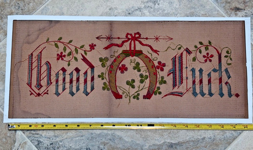 Antique Paper Punch Sampler GOOD LUCK, Horseshoe Shamrock Clover Victorian Motto