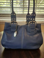 Tignanello Blue Genuine Leather Hand Bag With Buckles/Adj Straps Slouchy EUC