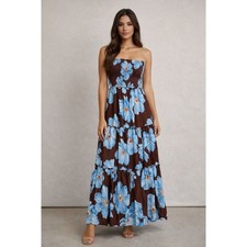 NWT ABEL THE LABEL Brown Blue Floral Smocked Strapless Tiered Maxi Dress - L