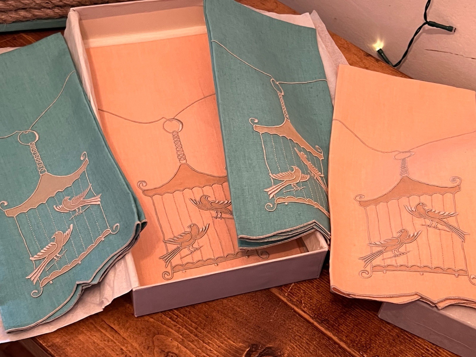 Marghab Madeira Linen Guest Towel Bird Cage Blue Pink Peach New Original Box