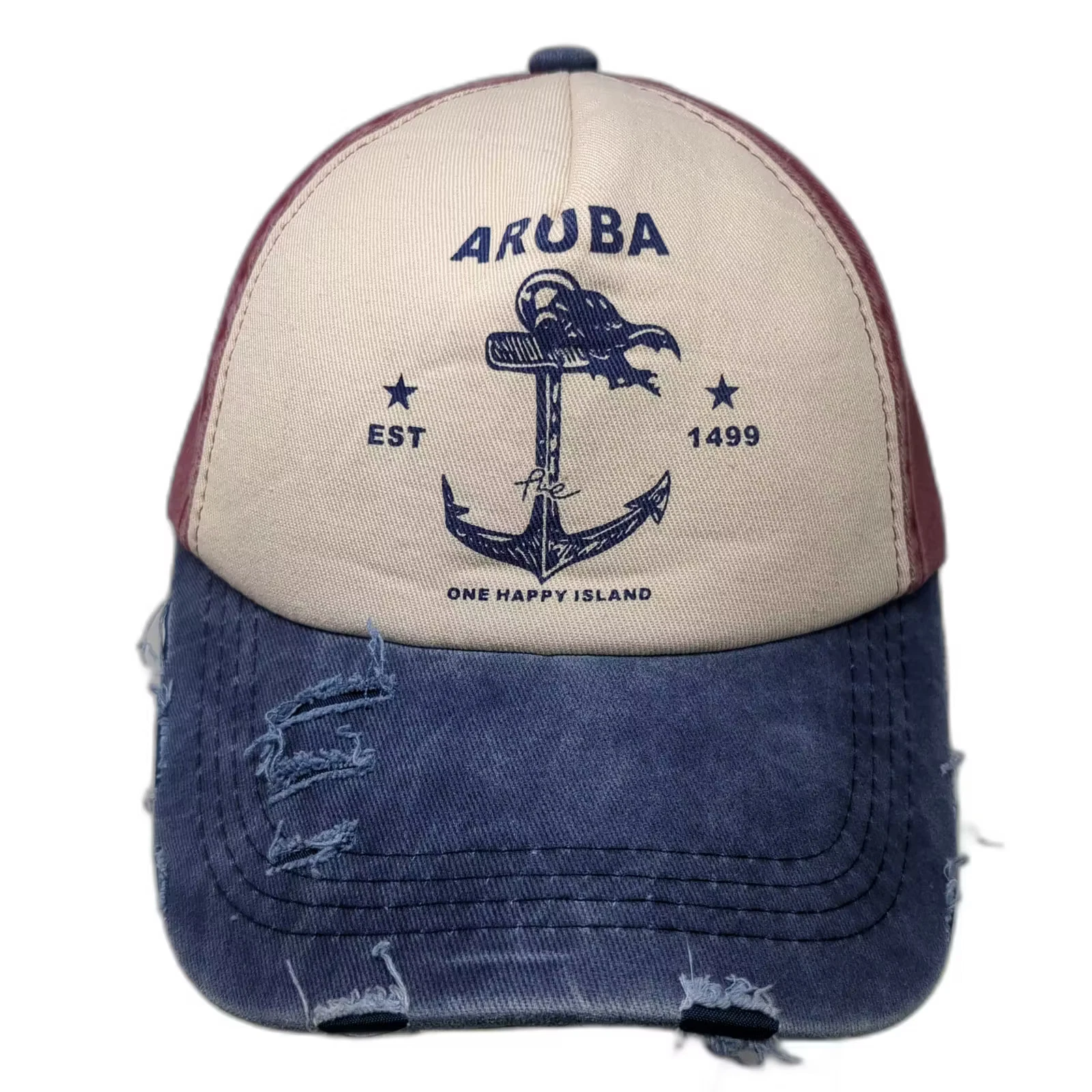 Tropical World Aruba Anchor Distressed 5 Panel Red Blue Slideback Hat OS