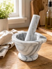 Crate & Barrel French Kitchen White Marble Mortar & Pestle 347213 Gray Vein