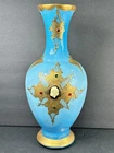 Vtg Murano Venetian Opaline Glass Vase Gold Detailing & Appliquéd Medallion 16in