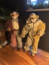 Vintage Pair Of Articulated Clown Dolls Resin Heads Fabric Costumes 32cm