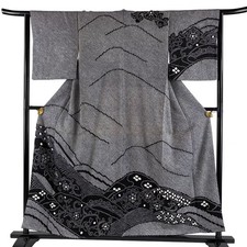 Japanese Silk Houmongi Kimono S 157cm Black Floral arabesque Wave Excellent 3508