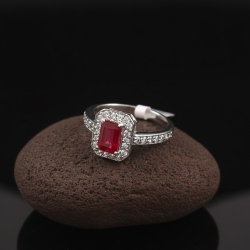 Ruby Jewe Emerald Cut Red Ruby Sterling Silver Ring Halo Wedding Jewelry Gift For ...