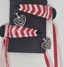 2 Ribbon Hair Barrettes Red Pink w/ Heart Charms Hand-made 80s Style All Ages