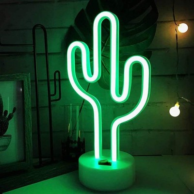 Green Cactus Neon Light Signs LED Lights Night with Pedestal Room Decor