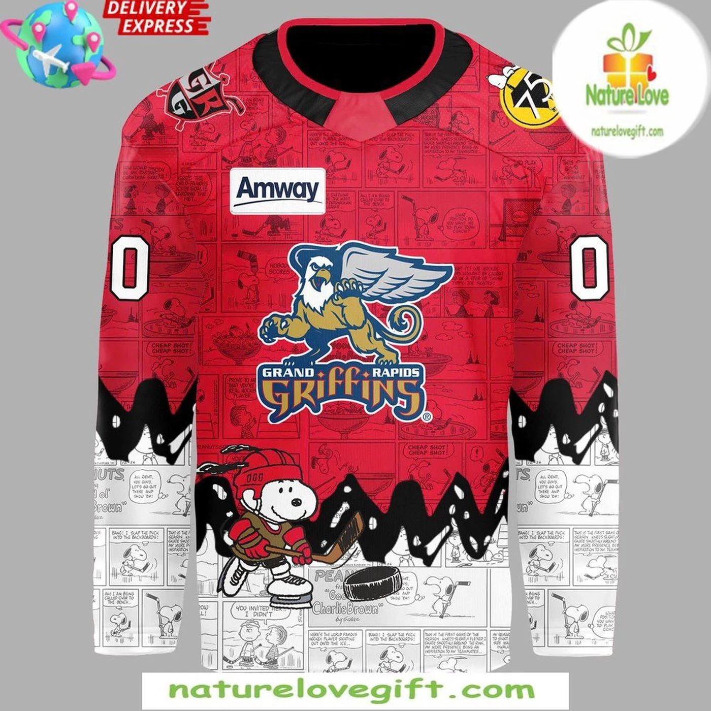 Personalized Peanuts 75th Anniversary Grand Rapids Griffins Hockey Shirt Men's