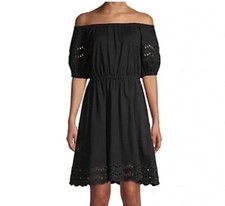 Kate Spade Dress Scallop Border Knit Size M Preppy Cotton Off Shoulder In Black