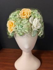50's /60's Style Floral Women's Hat w/green veil. Union Made Very Good Condition