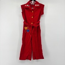 Vintage 70s Health-tex Red Corduroy Jumpsuit Hearts Floral Girls 3T Retro USA